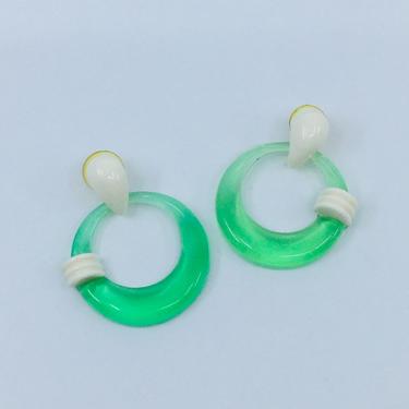 Vintage 80s Plastic Hoop Earrings Pastel Green Minimalist Retro 1980s Girls Costume Mall Jewelry Statement Earrings 