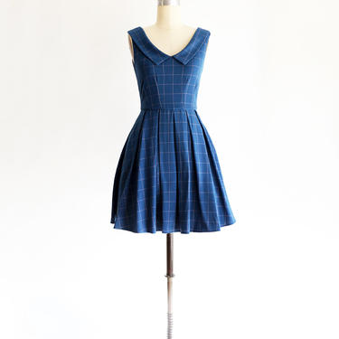 SUNDAY | Windowpane Blue - royal indigo blue plaid dress with collar and pockets. vintage inspired retro mod day dress full pleated skirt 