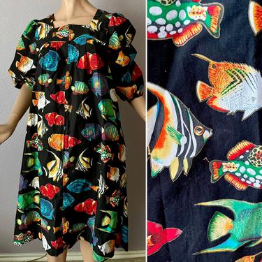 Vintage Caftan Dress, Bright Cotton, Mumuu Dress, Tropical Fish, Puff Sleeves, Kaftan, Knudsen 
