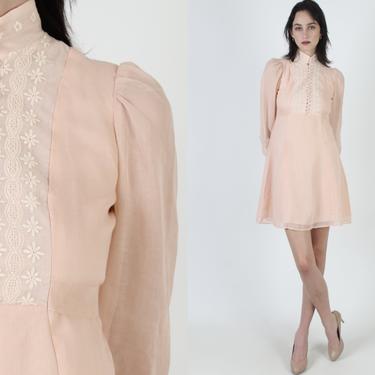 Vintage 70s Floral Embroidered Dress Peach Tuxedo Coral Wedding Party Boho Mini Dress 