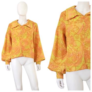 1970s Psychedelic Tunic Blouse with Poet Sleeves - 70s Balloon Sleeve Blouse - 70s Yellow Blouse - Vintage Orange Blouse | Size Extra Large 