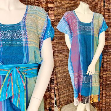 Bright Colors Woven Huipil Hippie Dress, Cotton Gauze, Boho, Fringe 