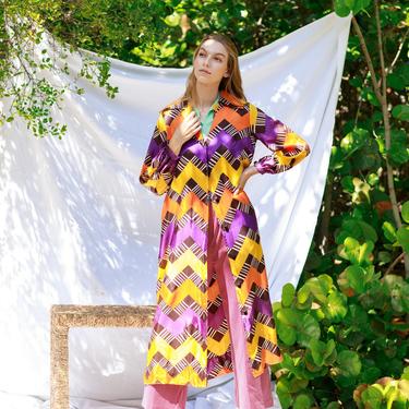 60s Colorful Purple Yellow Mod Print Robe Vintage Psychedelic Long Jacket Dress 