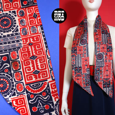 Vintage 60s 70s Red White Blue Tiki Style Pattern Long Scarf Tie 