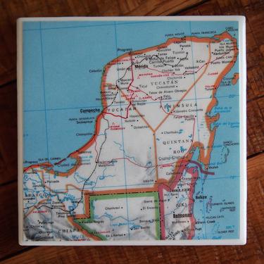 1979 Yucatan Peninsula Vintage Map Coaster - Ceramic Tile - Repurposed 1970s Reader's Digest Atlas - Handmade - Mayan Culture Mexico Belize 