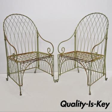 Pair of Wrought Iron Green Folding Garden Patio Chairs Victorian Style