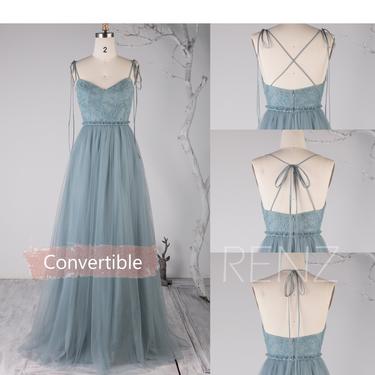 Bridesmaid Dress Dusty Blue Tulle Long Formal Dress Women Beaded Sweetheart Convertible Straps A-line Prom Dress (HS718) 