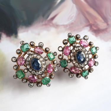 Antique Sapphire Emerald and Diamond Earrings Silver 18K 