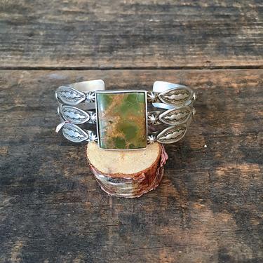 RAY ADAKAI Vintage Silver &amp; Green Turquoise Cuff | Navajo Native American Sterling Bracelet, Southwest Old Pawn Style Jewelry, Americana 