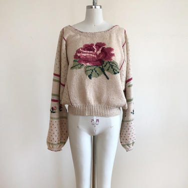 Cropped, Beige and Pink Rose Intarsia Pullover Sweater - 1980s 