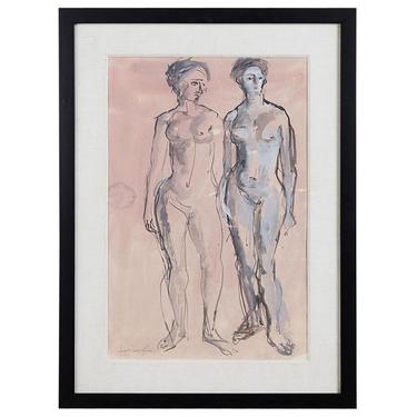 Midcentury Figural Nude Watercolor After Concetta Scaravagilone by ErinLaneEstate