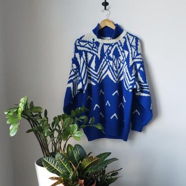 Vintage 80s 90s Wool Oversized Intarsia Sweater, Size XL ,Boston Traders 