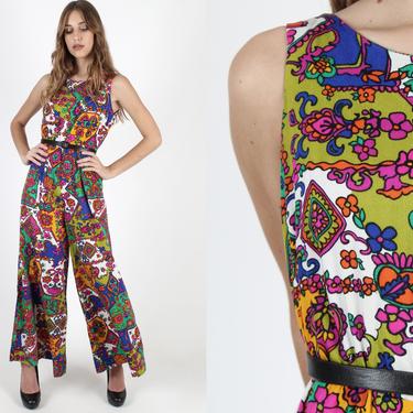Vintage Psychedelic Jumpsuit 70s Neon Bell Bottom Jumpsuit Wide Leg Palazzo Jumpsuit Open Back Paisley Playsuit 1970s Disco Party Outfit 