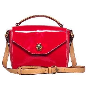 Frances Valentine - Red Patent Leather Fold-Over Snap "Mini Midge" Crossbody w/ Tan Trim