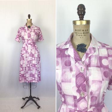 Vintage 50s dress | Vintage pink white shirt waist dress | 1950s  mod print day dress 