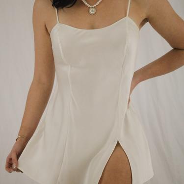 Vintage 90’s Cream Silk Mini Silk Slip Dress - XS - Front Side Slit 