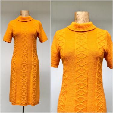 Vintage 1960s Orange Cable Knit Dress, 60s Wool Sweater Dress, Short Sleeve Turtleneck, Small 