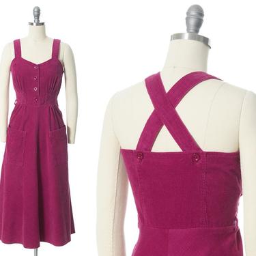 Vintage 1970s Dress | 70s Corduroy Magenta Pink Overalls Fit and Flare Sundress with Pockets (xs) 