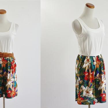 Vintage Women's Romper, Tropical Floral Print Jumpsuit, Sleeveless Summer Playsuit, Hawaiian Print Shorts Romper,  XS Small 