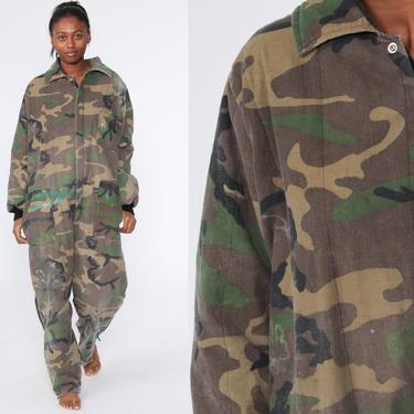 Insulated Camo Jumpsuit Army Coveralls Distressed Military Jumpsuit Camouflage 80s Hunting Boilersuit Vintage Long Sleeve Extra Large xl 