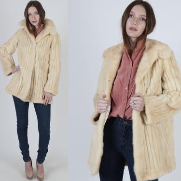 Vintage 70s Blonde Mink Coat Striped Mink Fur Leather Pockets Fur Collar Plush Ivory Fur Cream Leather 