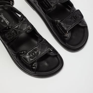 CHANEL Black Quilted Leather Velcro Strap Sandals (38)