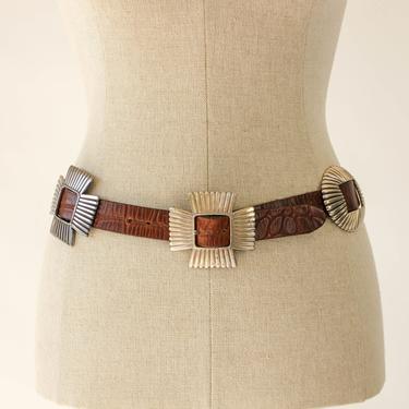 Vintage 90s Silver Cross Concho Crocodile Embossed Brown Leather Skinny Belt | Made in USA | 100% Leather | 1990s Designer Southwestern Belt 