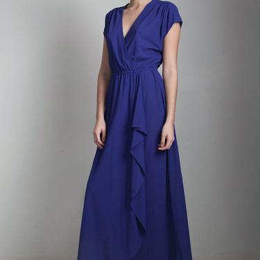 faux wrap maxi dress indigo blue vintage 80s cascading ruffle drop sleeves ONE SIZE S M L small medium large 