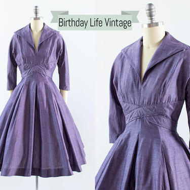 Vintage 1950s Dress | 50s Lavender Purple Cotton Sharkskin Pleated Full Skirt Day Dress (small) 
