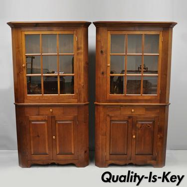Pair of Pine Wood Colonial Style Corner Cupboard China Cabinets by Tom Seely
