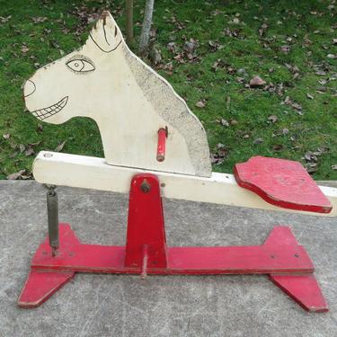 Vintage HANDMADE 25" WOOD PAINTED ROCKING HORSE FOLK ART Kid Ride Toy INDUSTRIAL