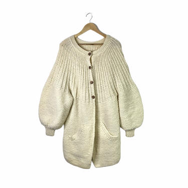 Vintage 70's Cream White Hand Knit Chunky Balloon Sleeve Long Sweater Coat, Large 