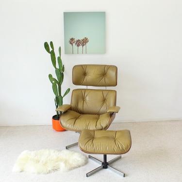 Vintage Plycraft Caramel Lounge Chair and Ottoman