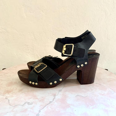 vintage black leather wooden platform sandals 
