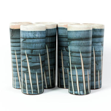 6 Puerto Rican Pottery Tall Tumblers - Blue 6 1/4 inches - Vintage Sgraffito Design Terracotta - Hal Lasky Master Ceramist 