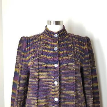 Vintage Space Dye Cardigan, Large / Womens Hand Knit Button Sweater / Purple Bavarian Style Funnel Neck Cardigan with Puffy Blouson Sleeves 