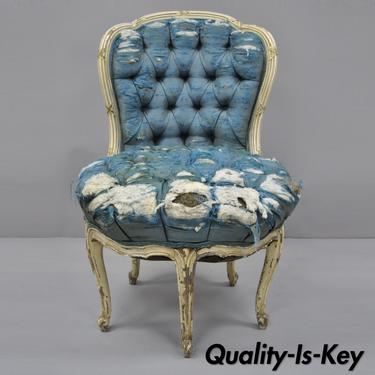 Antique French Louis XV Style White Distress Painted 5 Legged Boudoir Chair
