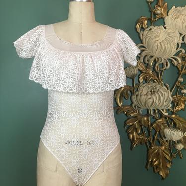 1990s bodysuit, sheer white lace, vintage bodysuit, one piece, small medium, Victorias secret, off the shoulders, see though, 90s teddy, 34 