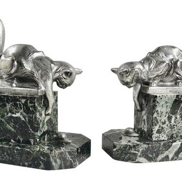Art Deco Bookends Sculpture of Cats by H. Moreau
