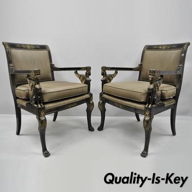 Pair of French Empire Regency Black Lacquer Chairs w/ Sphinx Figures by Lambert