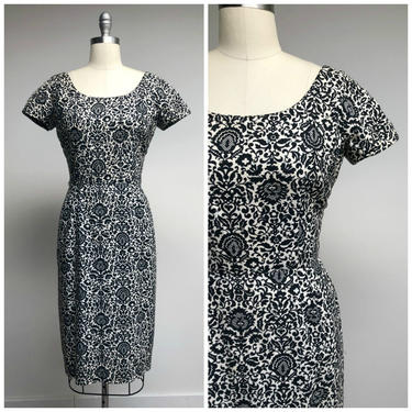 Vintage 1950s Dress • Collette • Black White Damask Print 50s Dress with Rhinestones Size Medium 