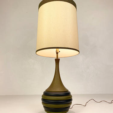 Large Dark Green &amp; Blue Chalkware Table Lamp with Original Shade, Circa 1960s - *Please see notes on shipping before you purchase. 