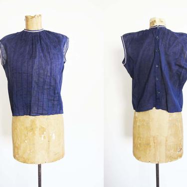 Vintage 50s Cotton Blouse S M - 1950s Blue Sleeveless Blouse - Button Back Top - Voile Cotton Blouse - Pintuck Blouse - Rockabilly Pin Up 