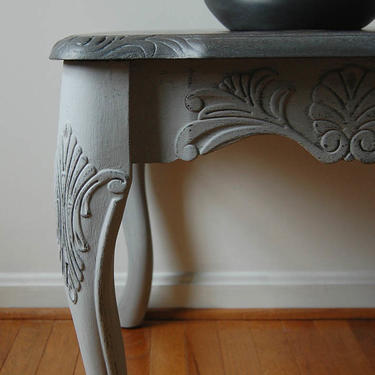 French Country Gray Side Table | Gray End Table | Small Table with Elegant Carving | Shabby Chic Gray Side Table | Vintage Gray Side Table 
