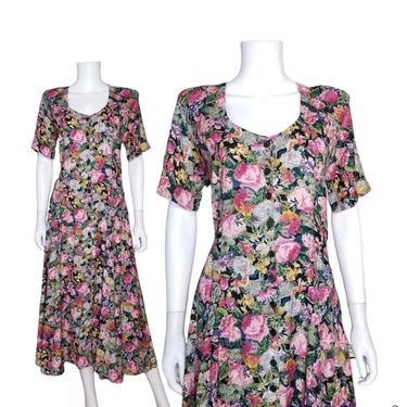 Vintage Floral Day Dress, Medium / 1990s Rayon Button Dress / Scoop Neck Summer Dress / Short Sleeve Dark Floral Dress / Flared Maxi Dress 
