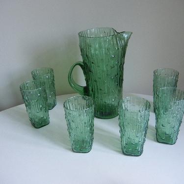Vintage Bamboo Pattern Glass Pitcher and 6 Drinking Glass Made in Italy MIB 