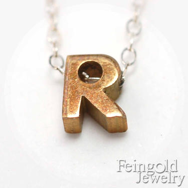 Letter R - Initial - Vintage Brass Pendant on Sterling Silver Chain - Free US Shipping 
