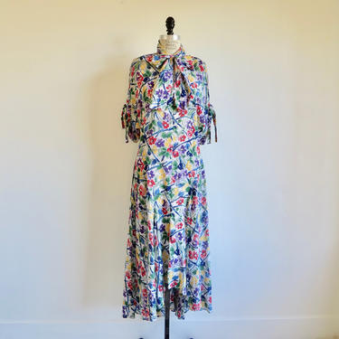 Vintage Norma Kamali 1980's Rayon Floral Print Dress 1930's 1940's Style Bias Cut Tie Neck Multicolor Flowers Tea Length Size Medium 