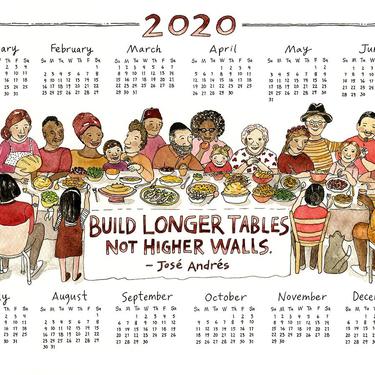 2020 Calendar: Build Longer Tables Not Higher Walls ~ Jos Andrs - Watercolor Print | At a Glance One Page Calendar