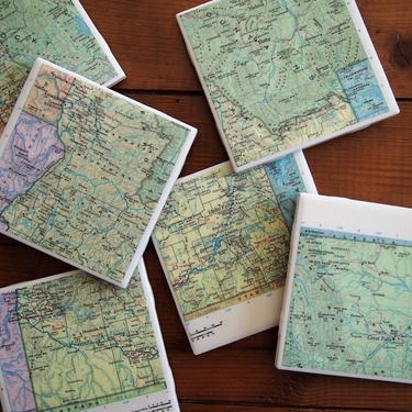 1968 Idaho Vintage Map Coasters - Ceramic Tile Set of 6 - Repurposed 1960s Rand McNally Atlas - Handmade - State Map - Boise Pocatello 